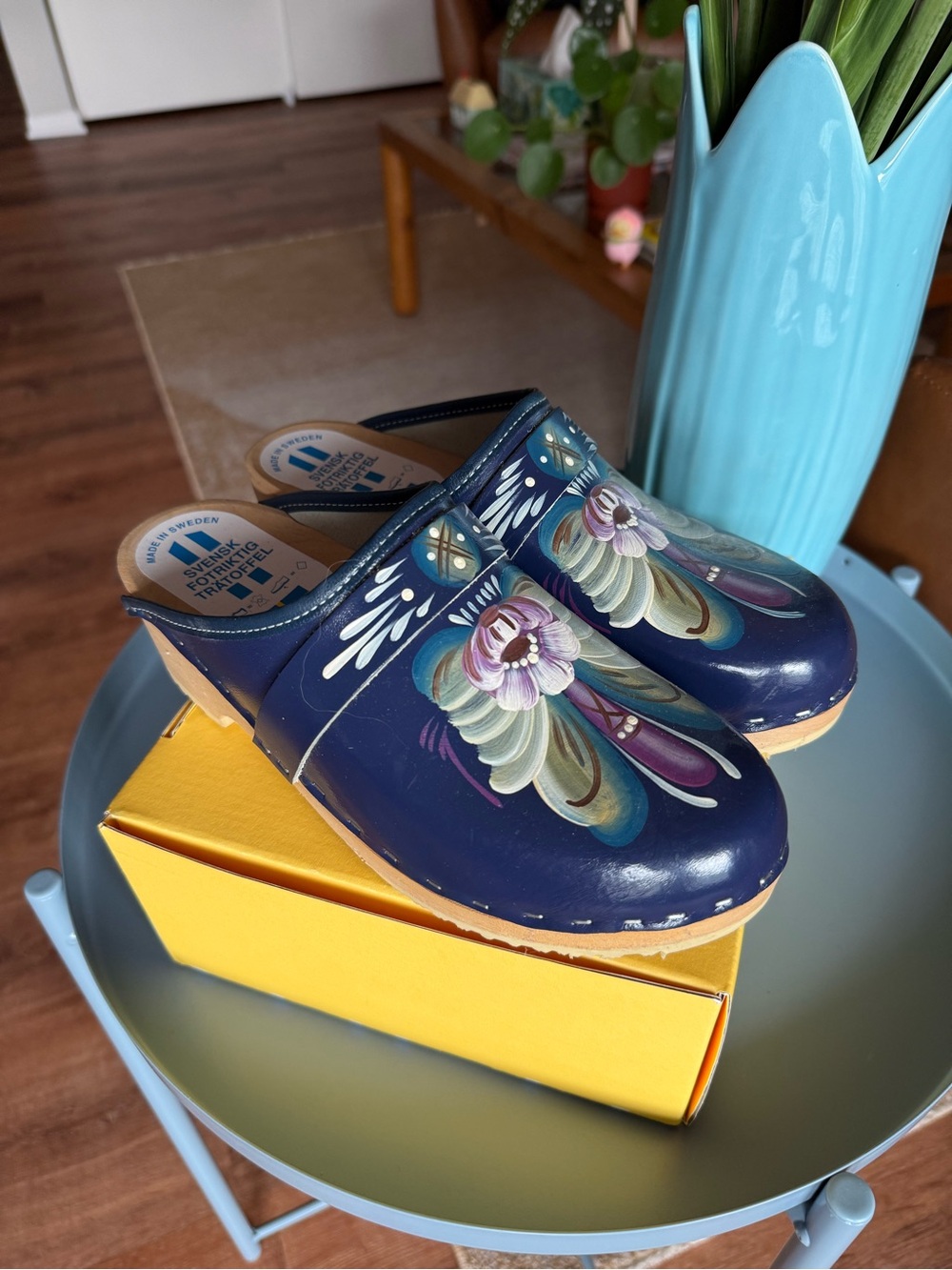 Swedish Hand-Painted Floral Navy Clogs - Women